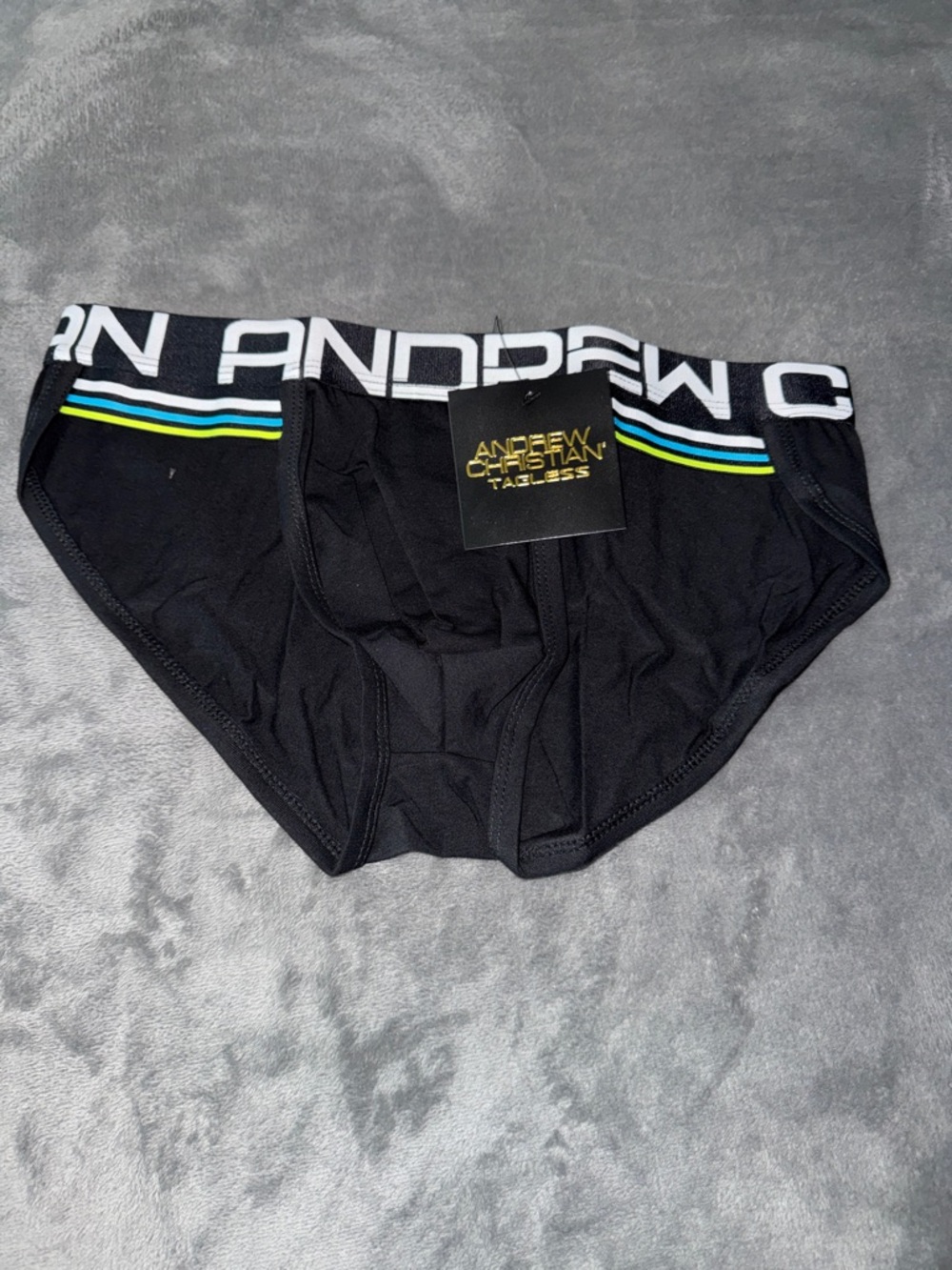 Andrew Christian Black Brief with Blue, White and Green Stripe Accents